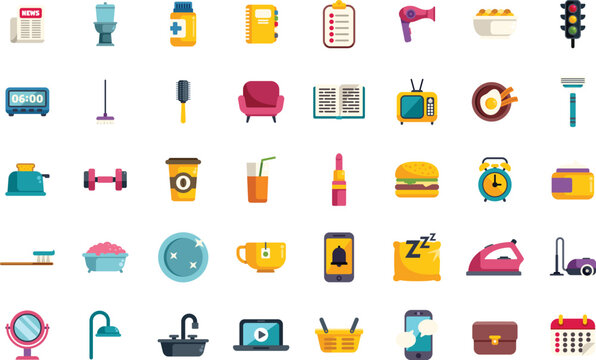 This set of colorful icons is showing daily activities and objects used in everyday routine