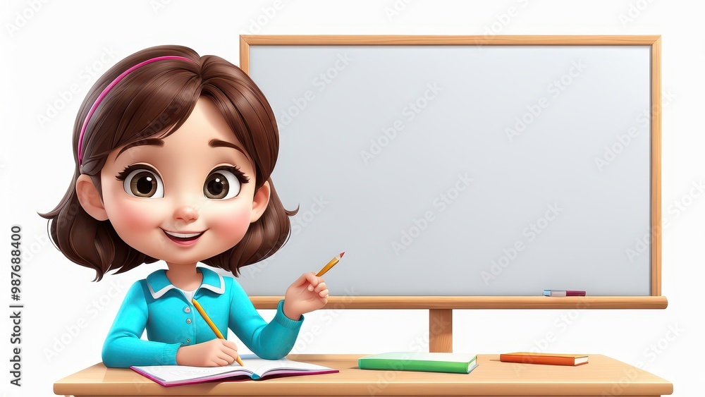 Poster a cheerful girl at a desk with a notebook and pencil, ready to learn or teach.