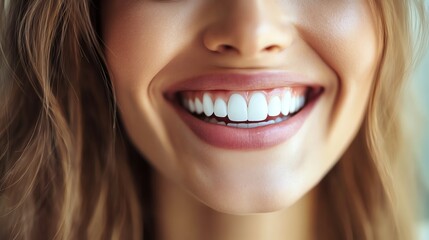Obraz premium A close-up of a woman's smile, showcasing her bright white teeth and a hint of pink lipstick.