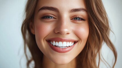 A beautiful young woman with long brown hair smiles brightly, revealing her perfect white teeth.