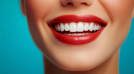 Fototapeta premium A close-up of a woman's smile, showcasing her bright white teeth and red lipstick.