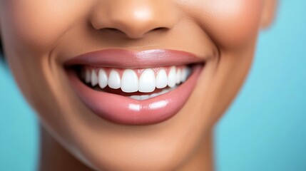Obraz premium A close-up of a woman's smile, showcasing her perfectly aligned, pearly white teeth.