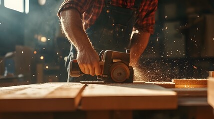 Skilled Carpenter Sawing Wood with Electric Handheld Power Tool in Workshop