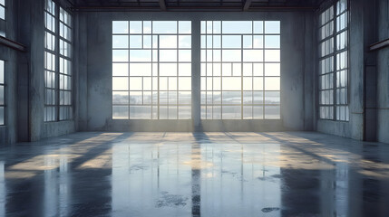 Industrial Building Interior with Windows and Sunlight Reflection 3D Illustration
