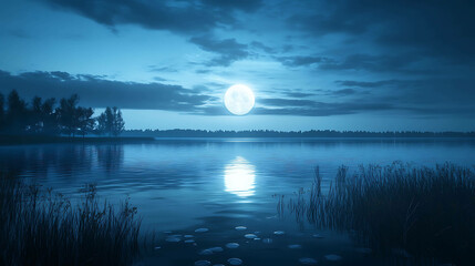 A tranquil nighttime scene of a full moon reflecting on a still lake, with trees and grass silhouetted in the foreground.