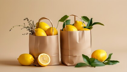 Fresh Natural Food Packaging Concept Featuring Lemons and Herbs on a Beige Background, Emphasizing...