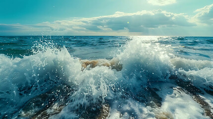 Fototapeta premium Close up of white foamy waves crashing on a beach with blue sky and clouds.