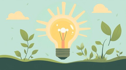 Illuminating New Horizons - Light Bulb Sunrise Concept in Flat Design for Growth and Innovation.