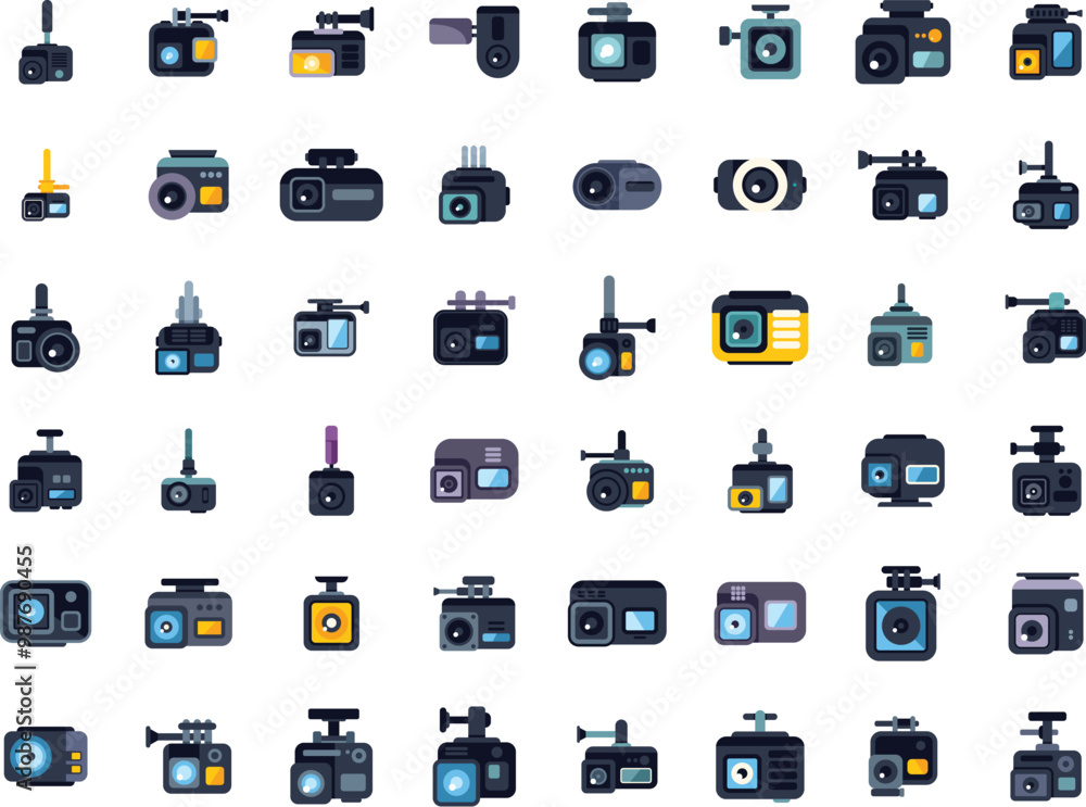 Poster set of action camera and car dvr icons showing different models and functionality of devices for sho
