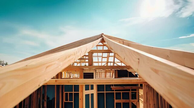 Wooden house frame under construction with a clear blue sky, showcasing building, architecture, and sustainable home development.