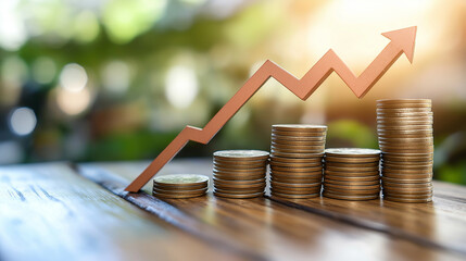 Illustration of financial growth with stacked coins and an upward arrow representing increasing profit and investment success.