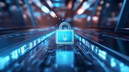 A glowing shield with a padlock inside, set against a backdrop of digital code, represents the concept of cybersecurity and data protection in the dig
