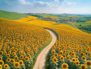 Obraz premium A winding dirt road cuts through a vast field of sunflowers, leading towards a distant village nestled amidst rolling hills.
