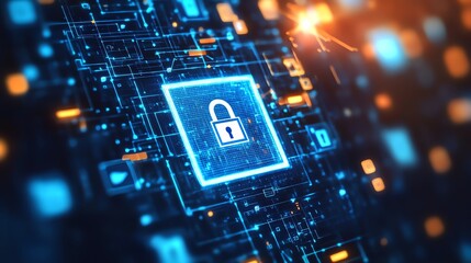 A glowing blue padlock icon sits on a futuristic digital circuit board, representing the concept of online security and data protection.