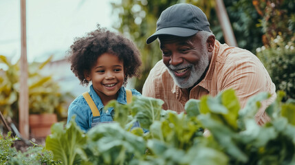 Cheerful elderly Black man and young child enjoy gardening together in a vibrant backyard during a sunny afternoon
