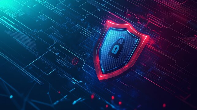 A glowing shield with a padlock inside, set against a backdrop of digital code, represents the concept of cybersecurity and data protection in the dig