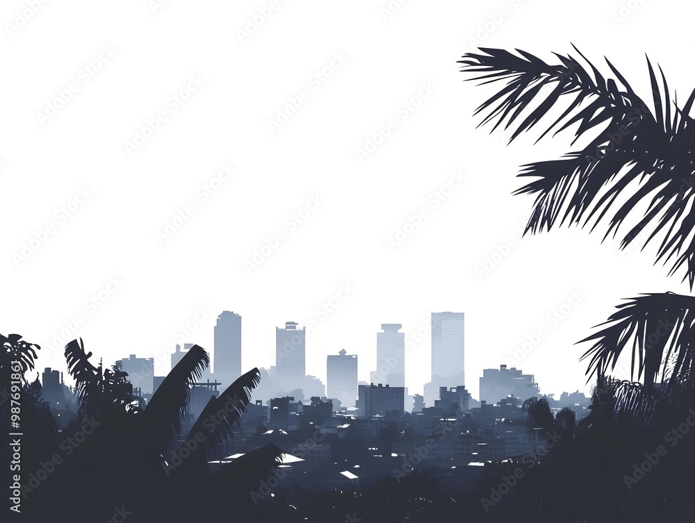 Poster silhouettes of palm trees frame a cityscape with hazy skyscrapers in the distance.