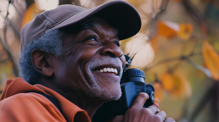 Elderly Black man enjoying a moment of joy while birdwatching in a vibrant natural setting during autumn