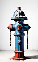 Fototapeta premium A red fire hydrant with chains and multiple outlets, set against a stark white background. AI generated.