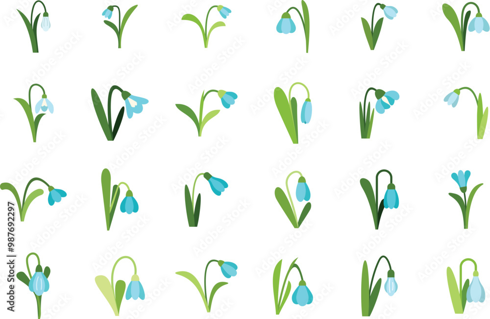 Poster set of snowdrop icons showing different positions and shapes of the first spring flowers