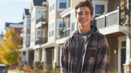Smiling young man in a plaid shirt standing outdoors in front of modern suburban houses on a sunny day, radiating a sense of community and warmth.