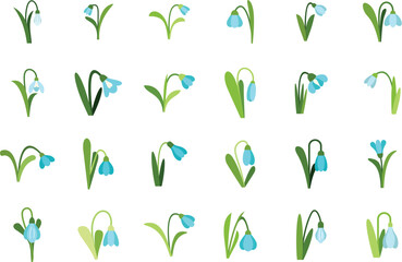 Set of snowdrop icons showing different positions and shapes of the first spring flowers
