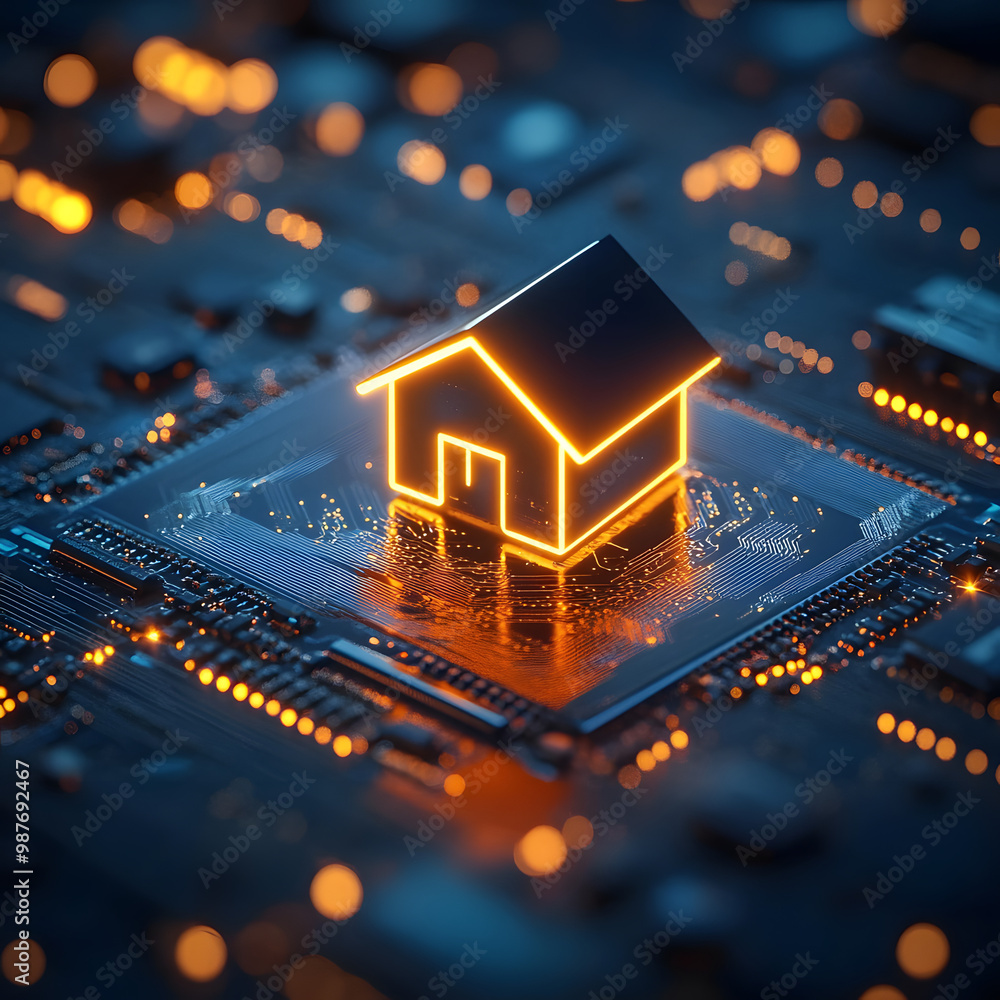 Poster close-up view of a glowing house symbol on a microchip ,representing the concept of smart house and 