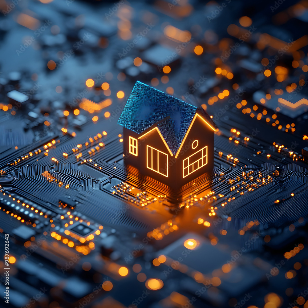 Aufkleber close-up view of a glowing house symbol on a microchip ,representing the concept of smart house and 