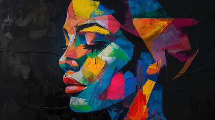 Abstract portrait of a beautiful woman in acrylic style, featuring brush strokes and geometric shapes in yellow, blue, and red on a black background.

