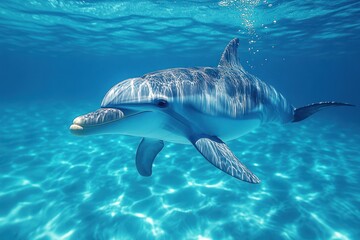 Naklejka premium Playful Dolphin Gliding Through Crystal Clear Ocean Waters in Stunning Underwater Scene