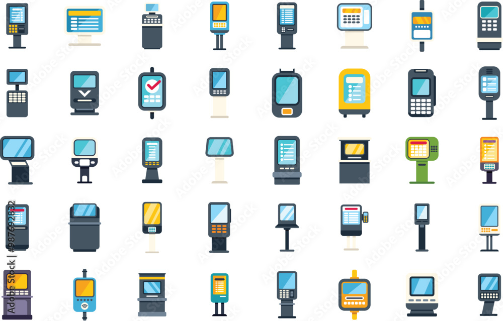 Poster set of various modern payment terminals showing using process on white background in flat style