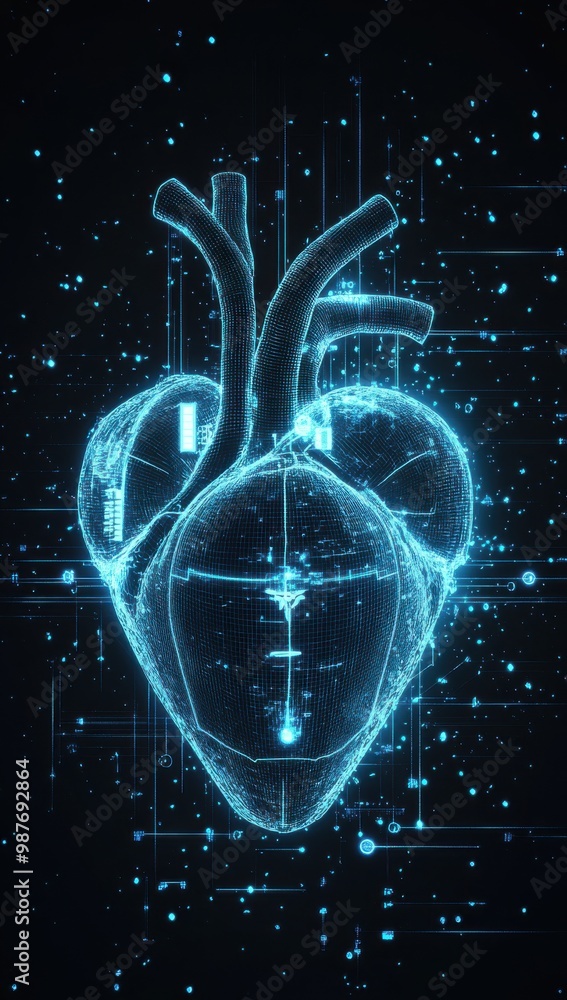 Poster digital heart with ai interface glowing in blue, symbolizing the future of technology and artificial