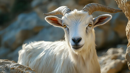 White Goat Portrait in Rocky Landscape Photo