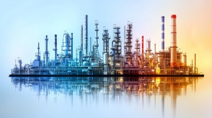 Obraz premium A cross-section view of an oil refinery, showing the various stages of crude oil processing, used for educational purposes to explain the complexities of the refining process