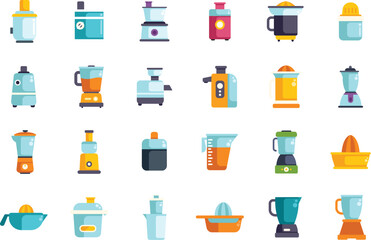 This image features a collection of colorful icons depicting various kitchen appliances, perfect for representing cooking, food preparation, and healthy eating