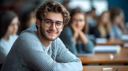 Fototapeta premium Smiling male student in glasses sitting in classroom during lecture