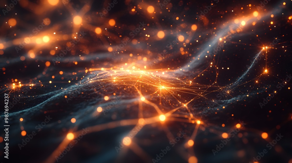 Poster abstract glowing network of connected particles and energy waves