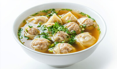This image features a bowl of wonton soup garnished with fresh herbs, presenting a visually appealing and delicious oriental dish, perfect for food enthusiasts and culinary photography.