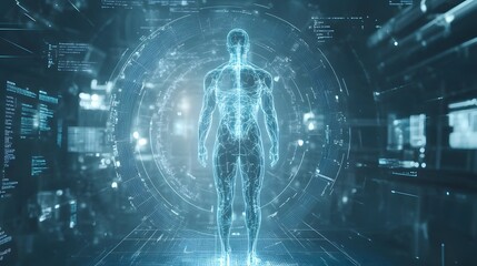Futuristic human anatomy scan with digital data and diagnostics interface