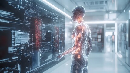 Digital human anatomy interface analyzing health data in futuristic laboratory