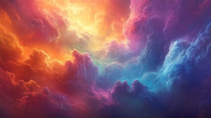 A breathtaking portrayal of brightly colored clouds enveloping a dreamy sky, evoking wonder and a sense of cosmic beauty.