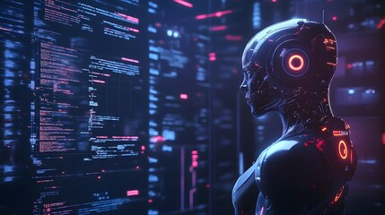 Futuristic humanoid robot analyzing code on digital interface in cyber environment