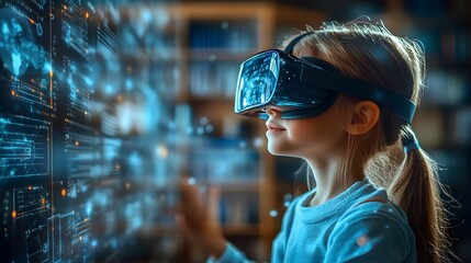 Child exploring virtual reality environment with VR headset in a futuristic setting