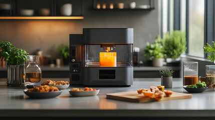 Modern 3D food printer creating a meal in a contemporary kitchen setting