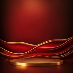 Fototapeta premium Gold Podium with Red and Gold Fabric Waves