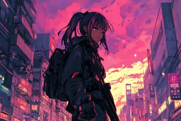 Anime girl with backpack standing in futuristic city at sunset