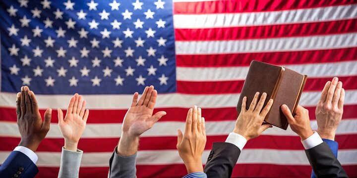 Hands Raised Taking Oath at Ceremony with American Flag and Bible Symbolizing Honor and Duty