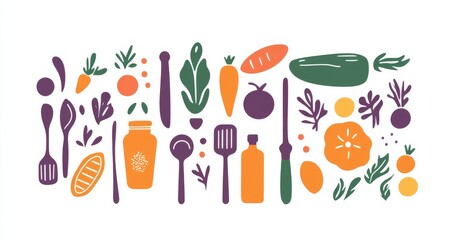  kitchen utensils and vegetables featuring simple shapes on a white background