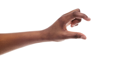 Black female hand measuring invisible items, showing small amount of something with gesture, isolated on white background, panorama
