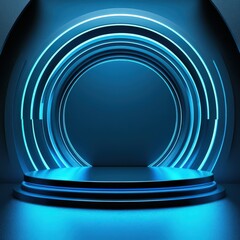 Obraz premium Futuristic Blue Neon Circle Platform.